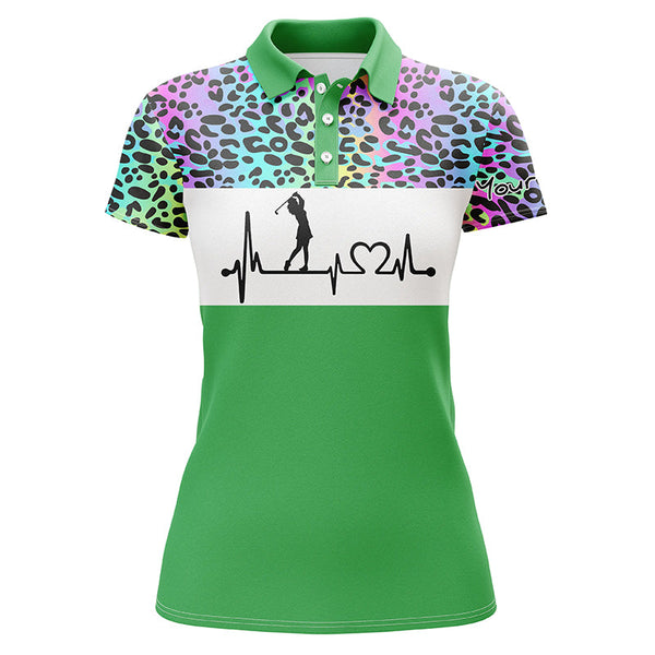 Womens golf polo shirt custom name rainbow gradient leopard golf heartbeat, golfing gifts for women NQS4961