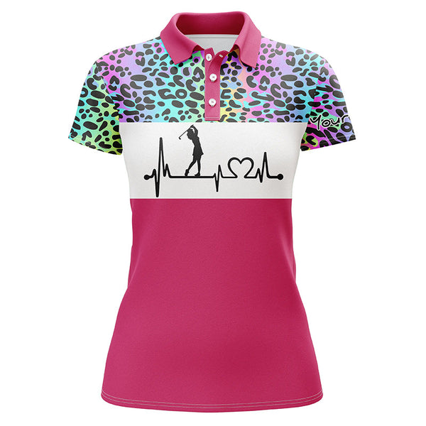 Womens golf polo shirt custom name rainbow gradient leopard golf heartbeat, golfing gifts for women NQS4961