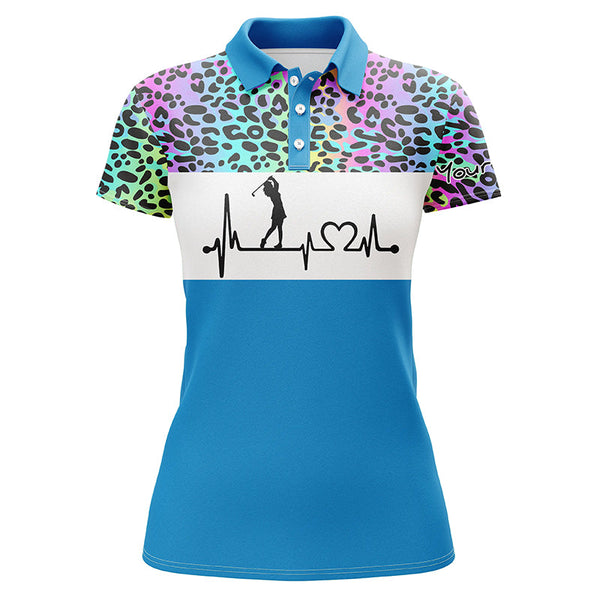 Womens golf polo shirt custom name rainbow gradient leopard golf heartbeat, golfing gifts for women NQS4961
