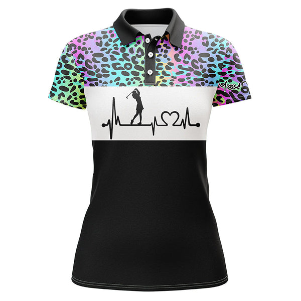 Womens golf polo shirt custom name rainbow gradient leopard golf heartbeat, golfing gifts for women NQS4961