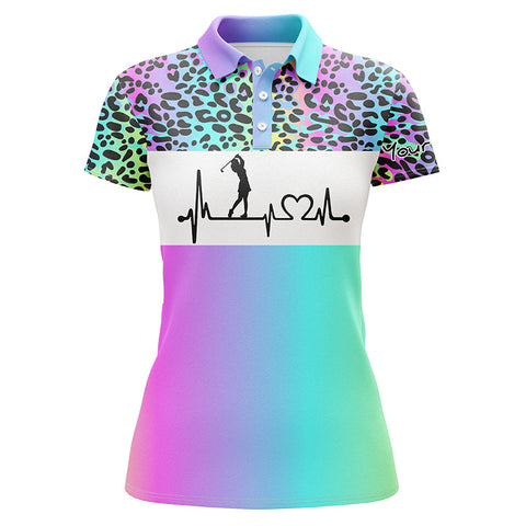 Womens golf polo shirt custom name rainbow gradient leopard golf heartbeat, golfing gifts for women NQS4961