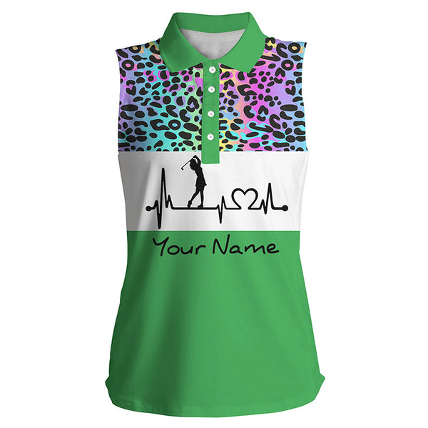 Women's sleeveless golf polo shirt custom rainbow gradient leopard golf heartbeat, golfing gifts NQS4961