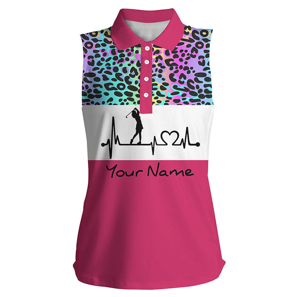 Women's sleeveless golf polo shirt custom rainbow gradient leopard golf heartbeat, golfing gifts NQS4961