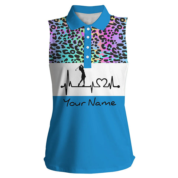 Women's sleeveless golf polo shirt custom rainbow gradient leopard golf heartbeat, golfing gifts NQS4961