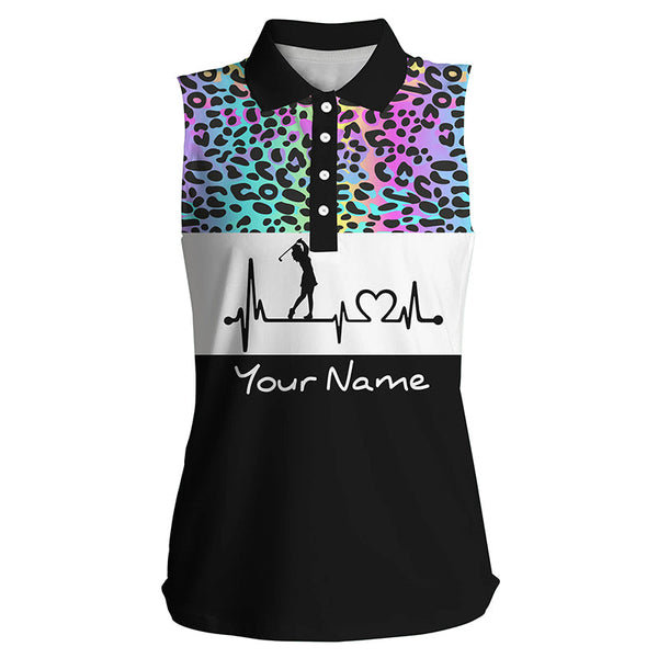 Women's sleeveless golf polo shirt custom rainbow gradient leopard golf heartbeat, golfing gifts NQS4961