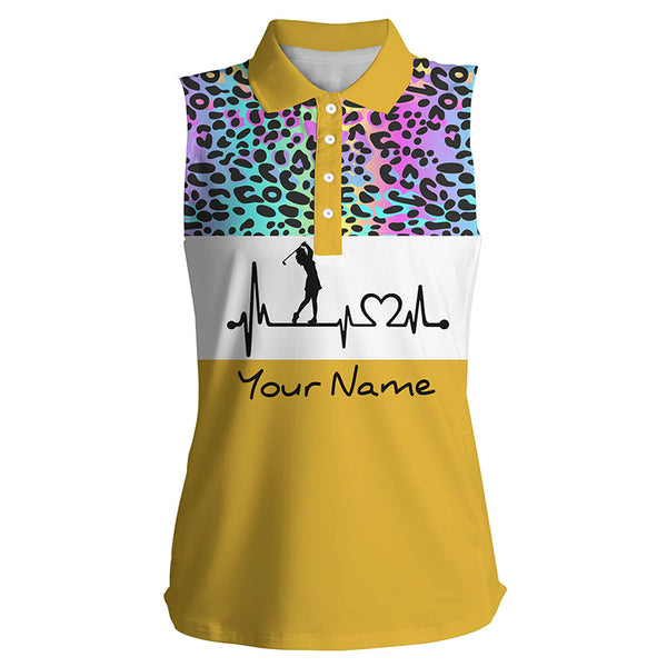 Women's sleeveless golf polo shirt custom rainbow gradient leopard golf heartbeat, golfing gifts NQS4961