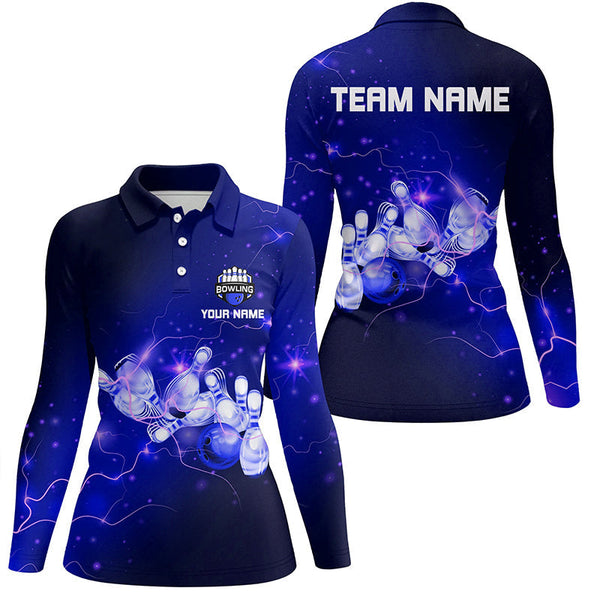 Womens Bowling Polo Shirts Custom Blue flashes of lightning thunder bowling team Ladies bowler Jerseys NQS6681