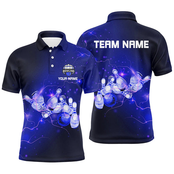 Mens Bowling Polo Shirts Custom Blue flashes of lightning thunder bowling team Mens Bowler Jerseys NQS6681