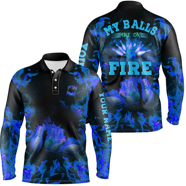 Blue Flame bowling shirt custom name my balls are on fire bowling polo shirts for men, bowling jerseys NQS6457