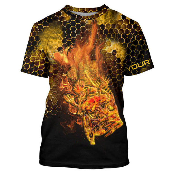 Flaming Fire fish skeleton fishing Custom UV sun protection Long sleeve Fishing Shirts, Fishing Gift NQS4602