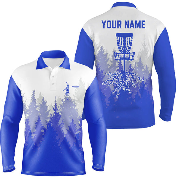 Disc golf hole in the woods Men polo shirts custom name disc golf polo shirts for men | Blue NQS4800