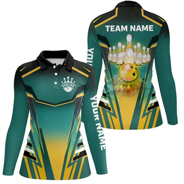 Women bowling polo shirts Custom green and yellow Bowling ball pins Team Jerseys bowling apparel NQS7106