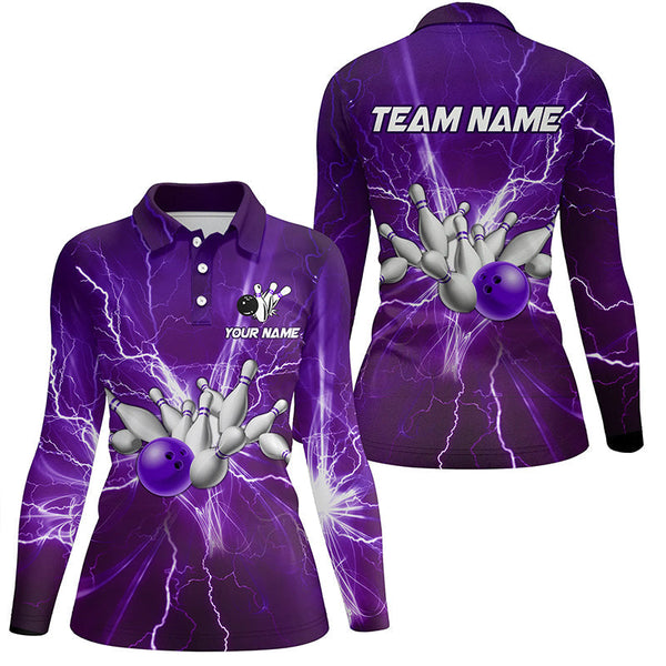 Women bowling polo shirts Custom purple lightning thunder Bowling Team Jersey, gift for team Bowlers NQS7395