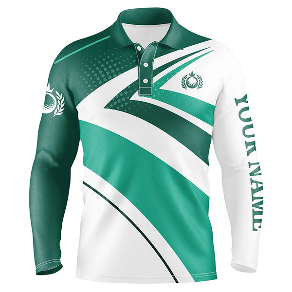 Mens golf polo shirts custom name Green and white golf shirt, tournament golf tops for mens, golf gift NQS5638