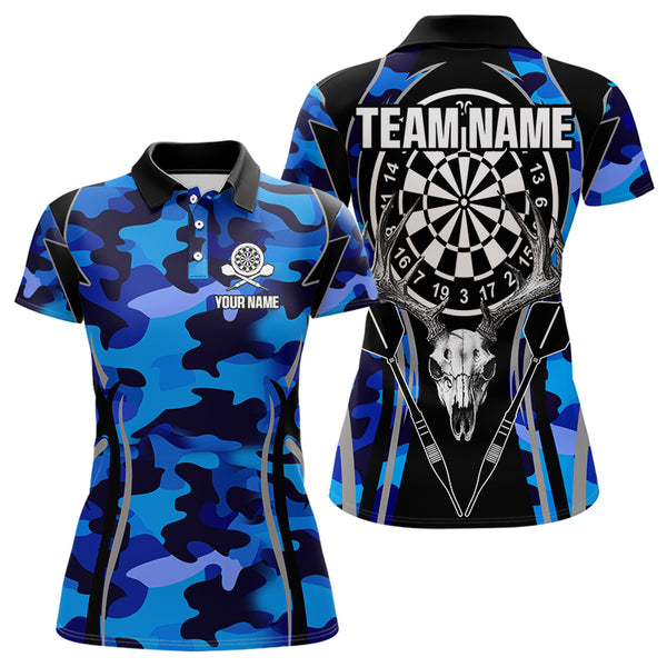 Deer Skull Darts Board Blue Camo Darts Polo, Quarter zip Shirts For Women Custom Team Darts Jersey NQS9635