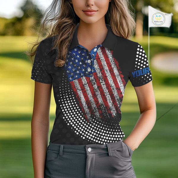 Personalized golf polo shirts for Women Vintage American Flag Custom patriotic golf tops for ladies NQS9835