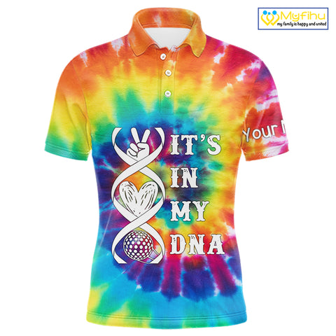 Mens golf polo shirts colorful tie dye pattern custom It's in my DNA peace love golf top for mens NQS10391