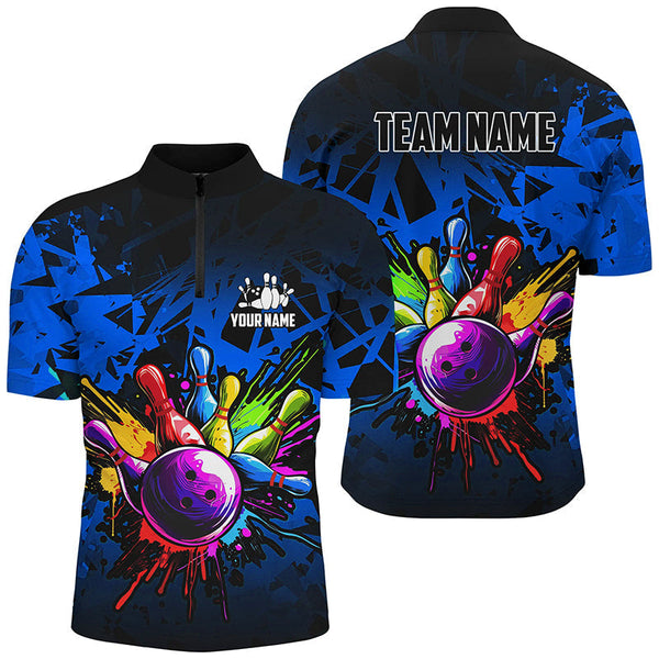 Colorful bowling jerseys Polo, 1/4 Zip Shirt for Men Custom Bowling Team shirts for bowler | Blue NQS8880