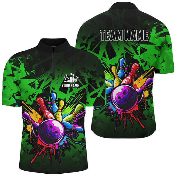 Colorful bowling jerseys Polo, 1/4 Zip Shirt for Men Custom Bowling Team shirts for bowler | Green NQS8881