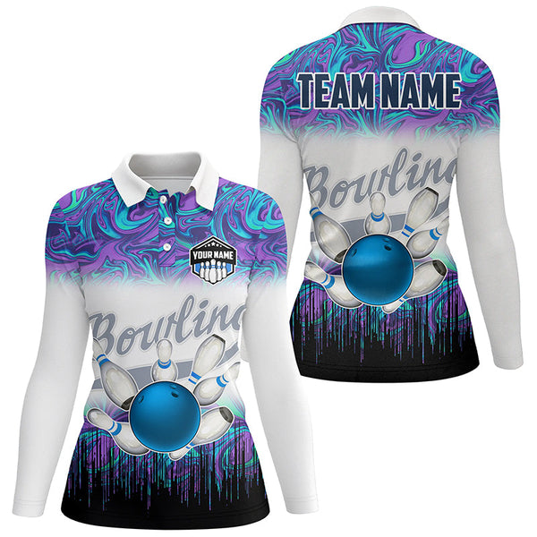 Women bowling polo shirts Custom blue purple marble pattern bowling Team Jerseys, gift for bowlers NQS7141