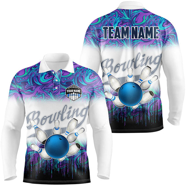 Mens Bowling polo shirts Custom blue purple marble pattern bowling Team Jerseys, gift for bowlers NQS7141