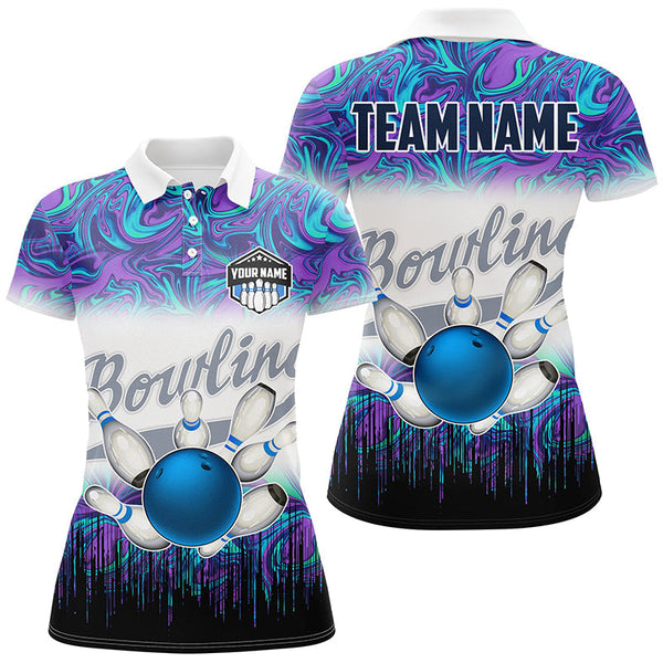 Women bowling polo shirts Custom blue purple marble pattern bowling Team Jerseys, gift for bowlers NQS7141