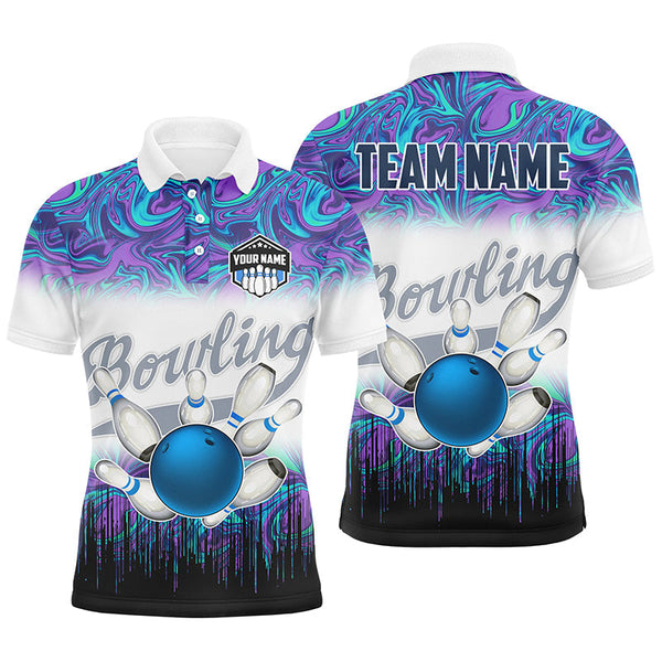 Mens Bowling polo shirts Custom blue purple marble pattern bowling Team Jerseys, gift for bowlers NQS7141