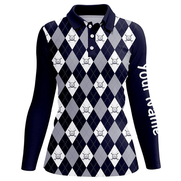 Navy blue argyle plaid pattern Womens golf polos shirts custom golf shirts for women, ladies golf polo NQS7423