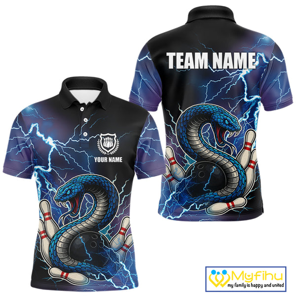 Blue Lightning Thunder Cobra Snake Bowling Polo, 1/4 Zip Shirts For Men Custom Bowling Team Uniform NQS9853