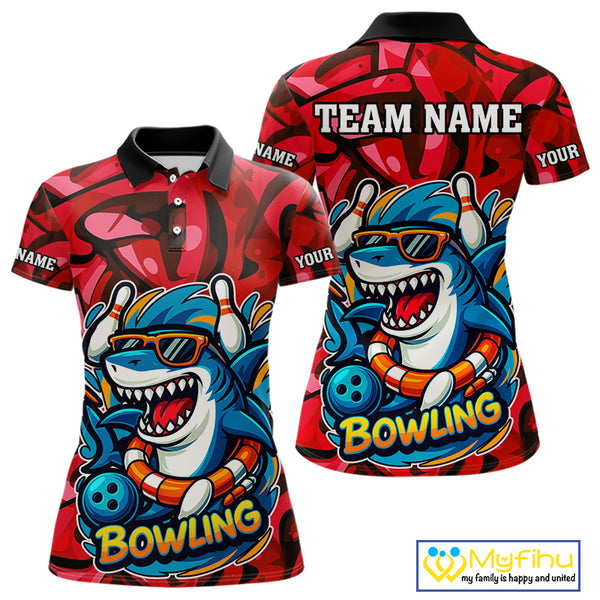 Funny Red Camo Shark Women Bowling Polo, Quarter Zip Shirts Custom Team Shark Bowling Outfit Jersey NQS10076