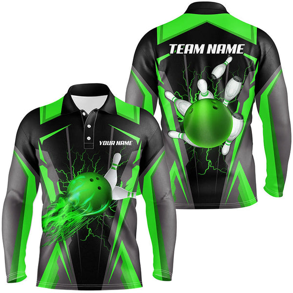 Personalized Men Bowling Shirts Flame Bowling Ball and Pins, bowling jerseys for men bowlers | Green NQS7998