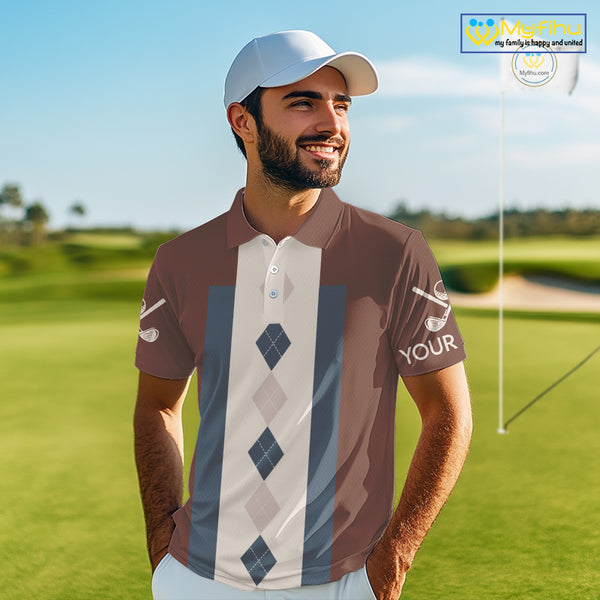 Brown Argyle Pattern Mens Golf Polo Shirts Custom Vintage Style For Golf Lovers Gift For Men NQS10233
