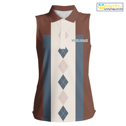 Brown Argyle Pattern Women Sleeveless Polo Shirt Custom Vintage Style For Golf Lovers Gift For Ladies NQS10233