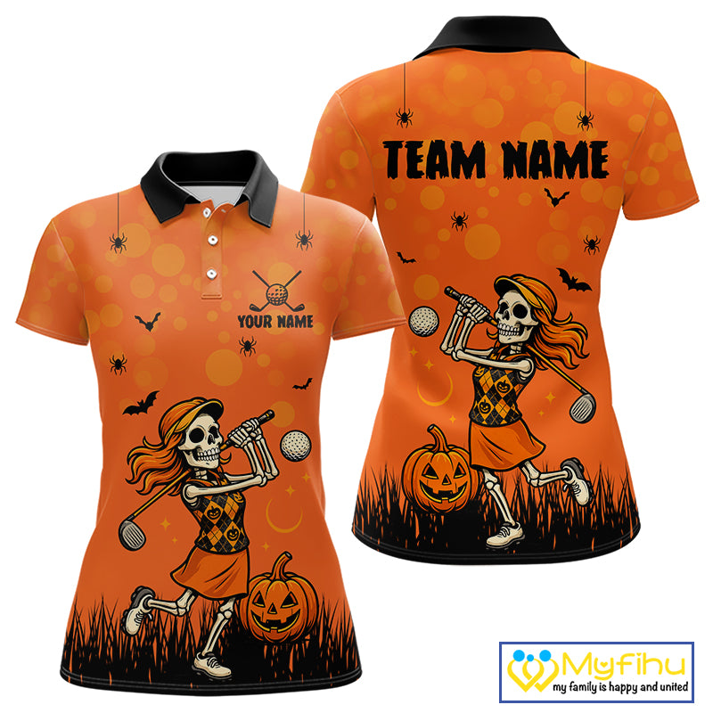 Custom Funny orange Golf skull Halloween Women golf polo shirt, Personalized Halloween golf outfit NQS10397