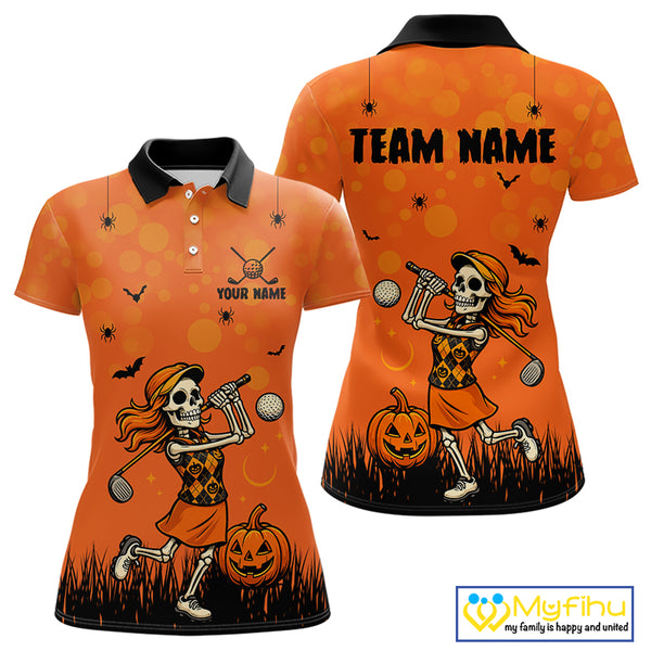 Custom Funny orange Golf skull Halloween Women golf polo shirt, Personalized Halloween golf outfit NQS10397