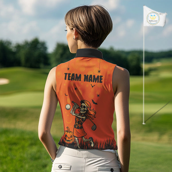 Custom Funny orange Golf skull Halloween Women Sleeveless Polos , Personalized Halloween golf outfit NQS10397