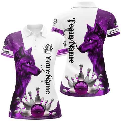 Purple Galaxy Wolf Bowling Polo, Quarter Zip Shirts For Women Custom Bowling Team League Jerseys NQS8644