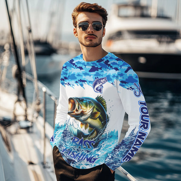 Bass fishing Blue ocean camo Custom UV protection fishing long sleeve shirt, Bass Fishing jerseys NQS9341