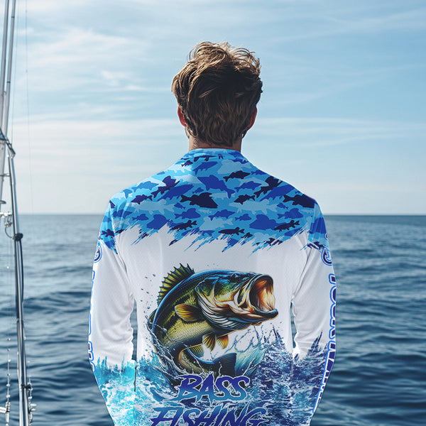 Bass fishing Blue ocean camo Custom UV protection fishing long sleeve shirt, Bass Fishing jerseys NQS9341