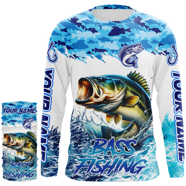 Bass fishing Blue ocean camo Custom UV protection fishing long sleeve shirt, Bass Fishing jerseys NQS9341