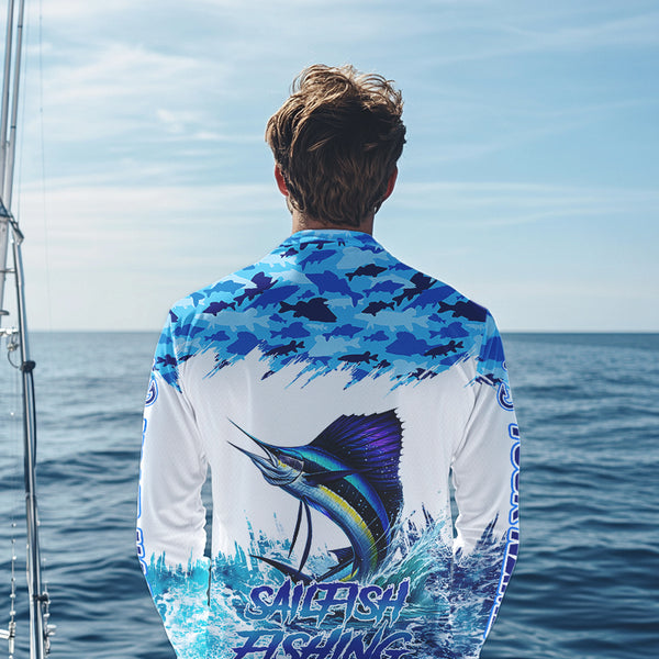 Sailfish fishing Blue sea camo Custom UV protection fishing long sleeve shirt, Sailfish Fishing jersey NQS9342