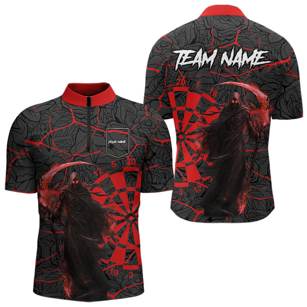 Men Darts Polo, Quarter Zip shirts Custom black and red reaper skull Darts Team Jerseys, Darts gifts NQS9481