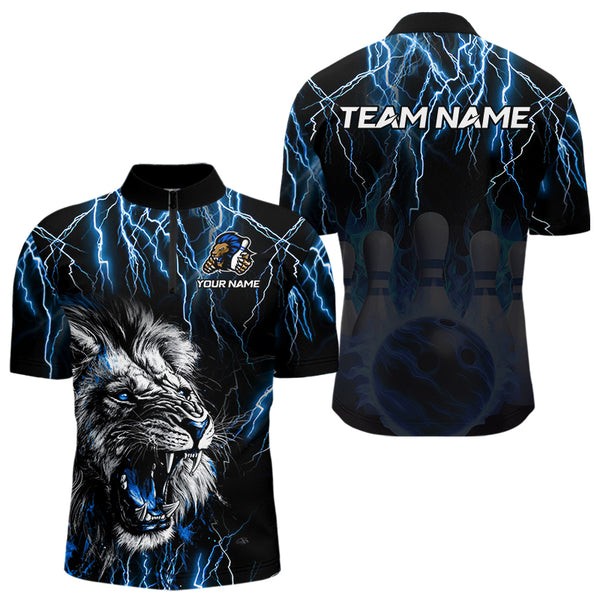 Black and Blue Lightning Thunder Lion Bowling Shirt For Men Custom Lion Bowling Team Jerseys NQS9645