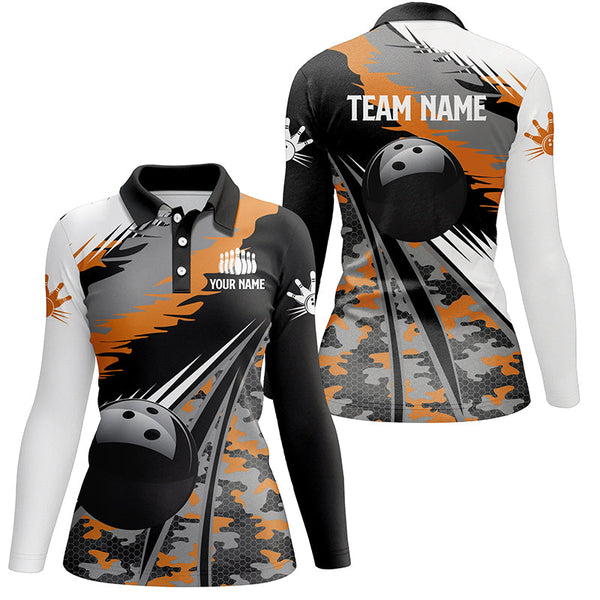 Womens bowling polo shirts Custom black ball orange camo Bowling Team Jersey, gift for Bowlers NQS5423
