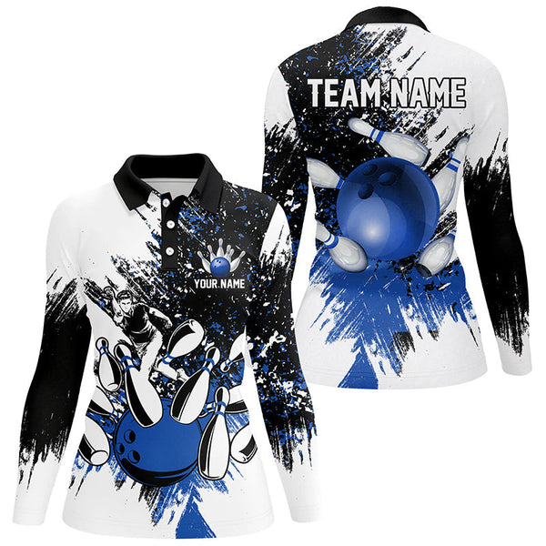 Black White Women Bowling Polo, Quarter Zip Shirts Custom bowling jersey, girls bowling outfit | Blue NQS8430