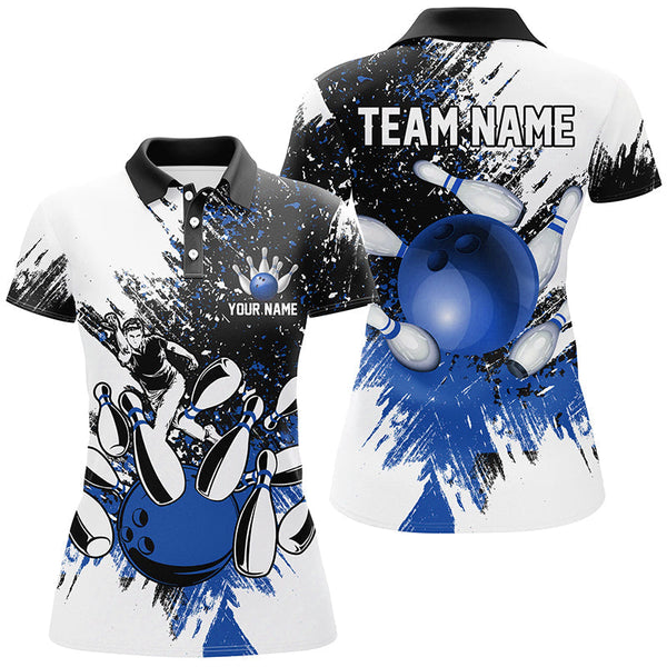 Black White Women Bowling Polo, Quarter Zip Shirts Custom bowling jersey, girls bowling outfit | Blue NQS8430