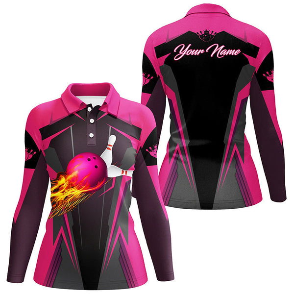 Personalized Women polo Shirt Flame Bowling Ball Pins, bowling jerseys for bowlers | Pink NQS7014