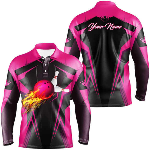 Personalized Mens polo Shirt Flame Bowling Ball Pins, bowling jerseys for bowlers | Pink NQS7014