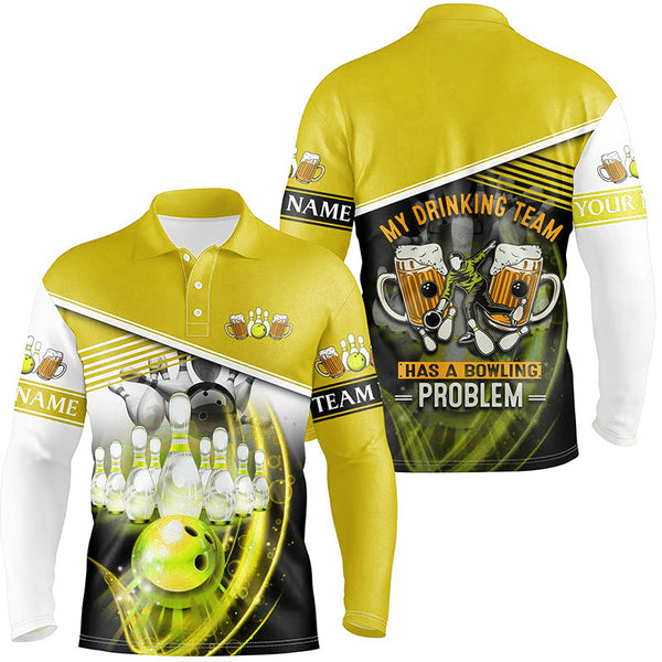 Mens polo bowling shirts Custom My drinking team has a bowling problem team league jerseys | Yellow NQS7015