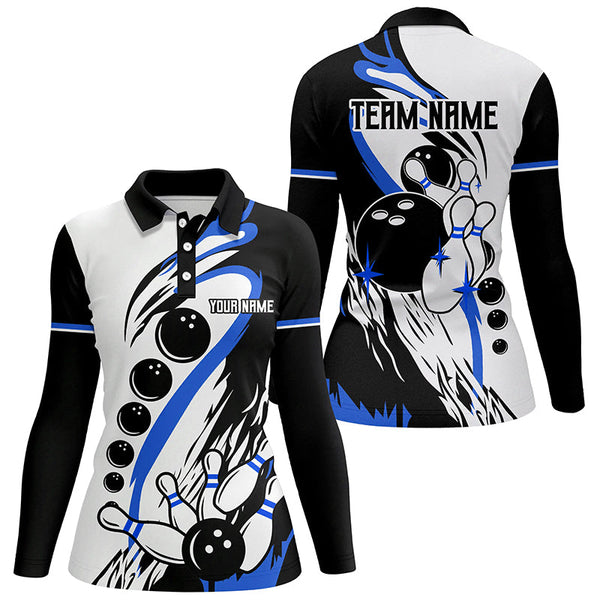 Black and white retro bowling league jerseys custom Women Bowling Polo Shirts, gifts for bowler | Blue NQS7154